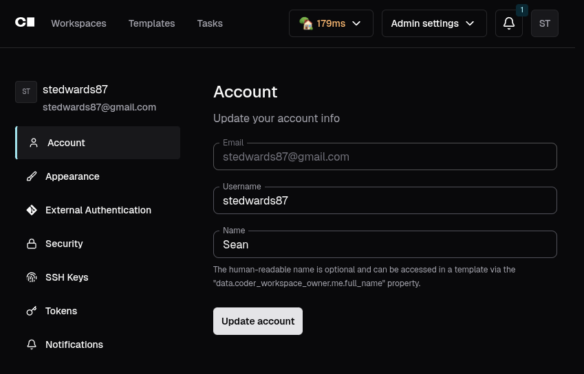 Coder profile menu open in the top-right corner