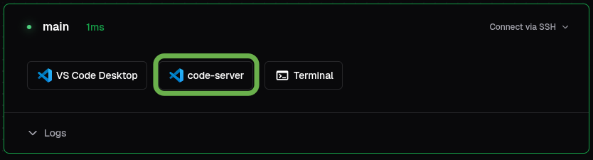 Row of app buttons on the workspace page with code-server highlighted