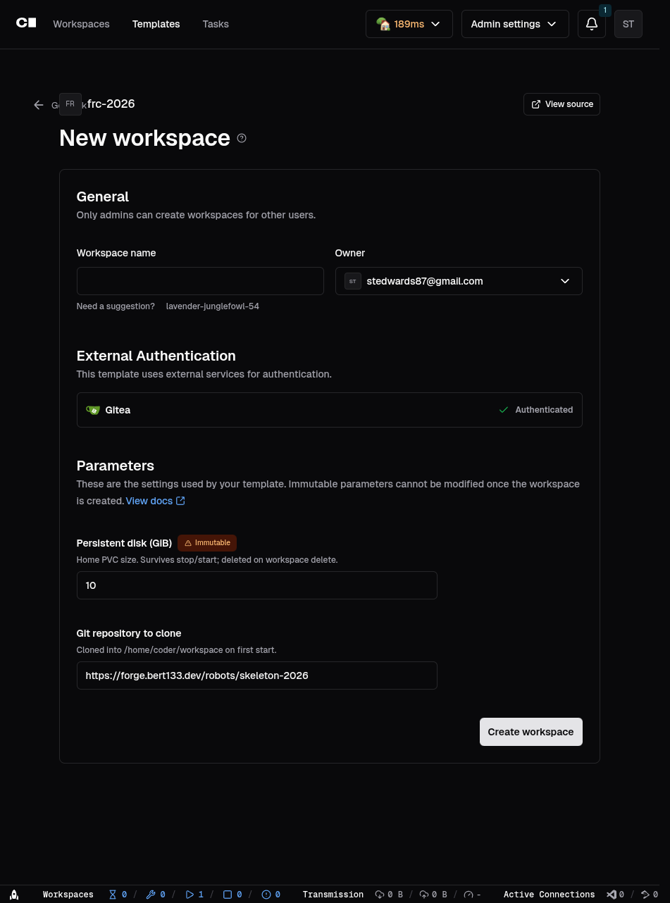 Create workspace form in Coder with name and template fields
