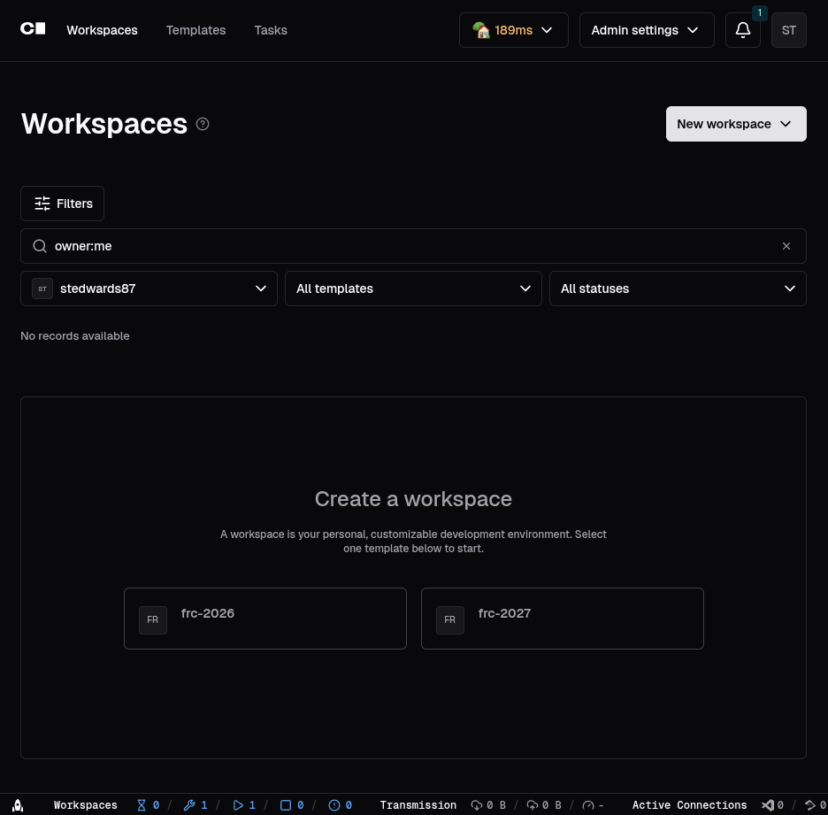Coder dashboard with no workspaces yet