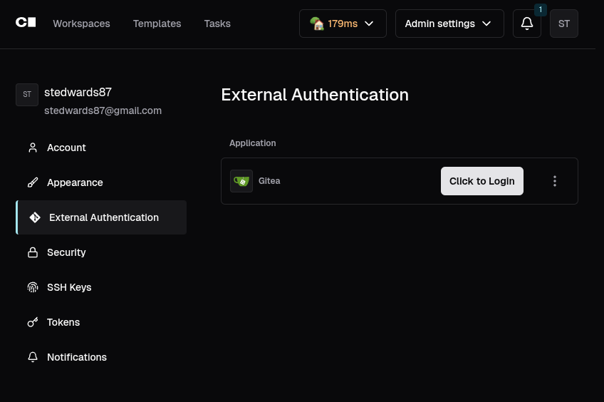 External Authentication settings page in Coder showing the Gitea entry