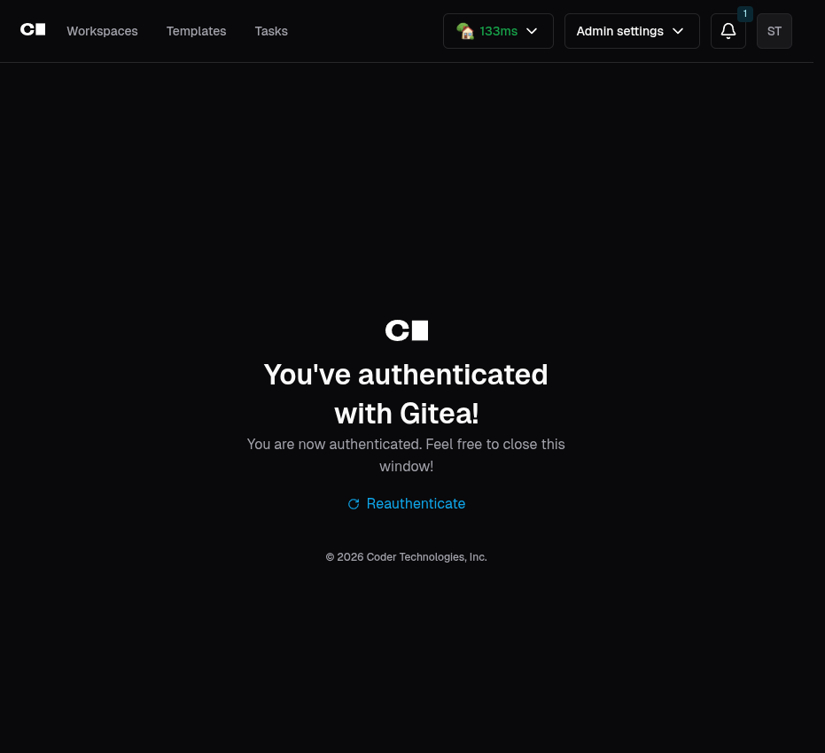 Coder External Authentication page showing Gitea as Authenticated