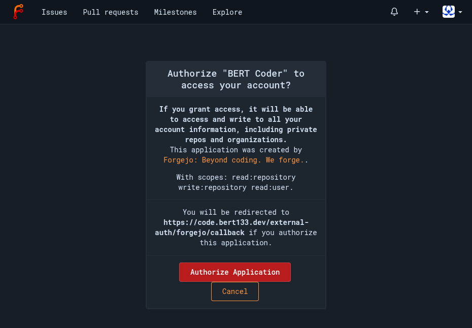 Forgejo authorize prompt asking to confirm sign-in with BERT 133