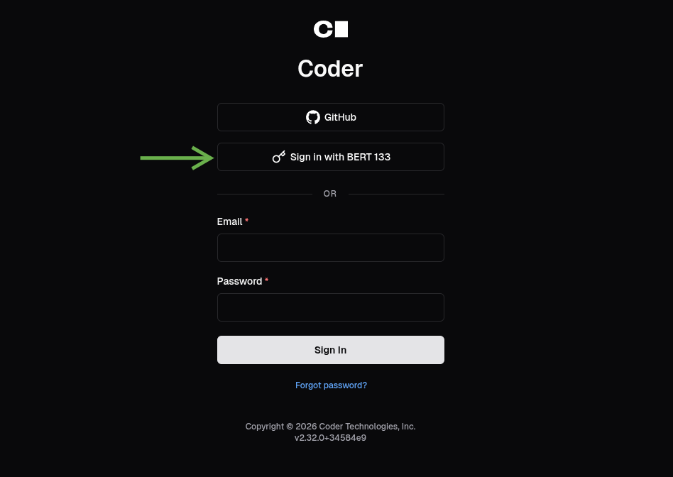 Coder login screen showing the Sign in with BERT 133 button