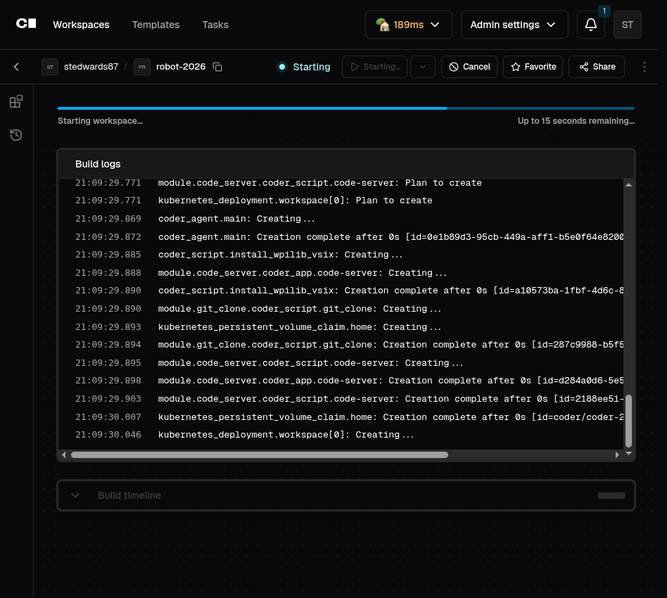 Coder workspace page showing the build log scrolling while the workspace starts up