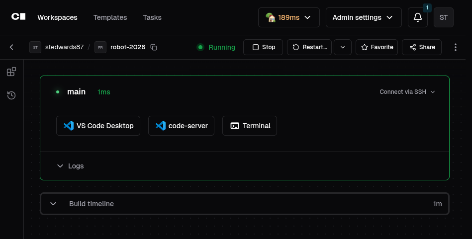 Coder workspace page after build completes, status shows Running