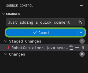 Source Control panel with the Commit checkmark button highlighted