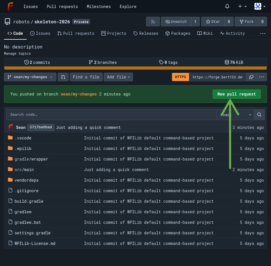 Forgejo repository page with a green banner showing the New pull request button