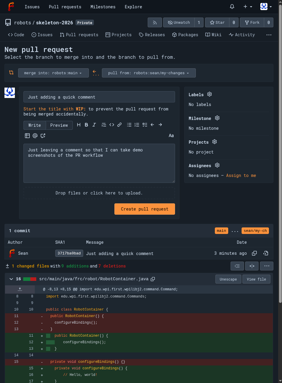 Forgejo new pull request form with title and description fields