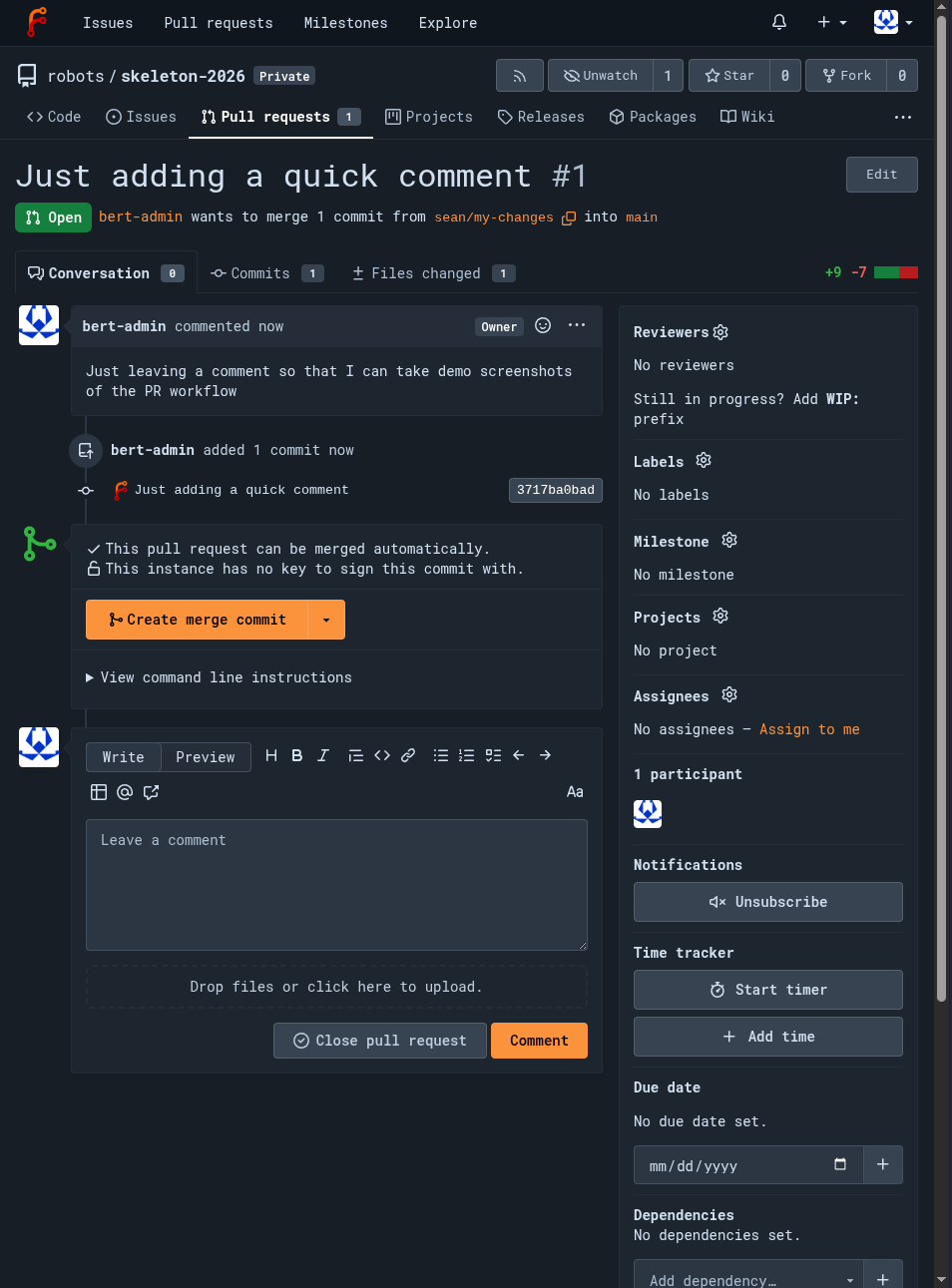 Forgejo page showing a freshly created pull request open for review